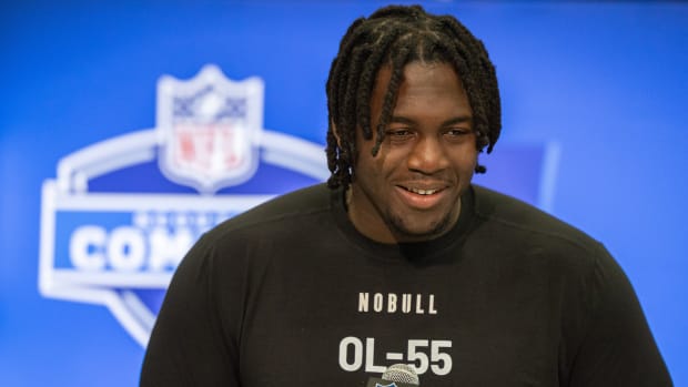 Houston offensive lineman Patrick Paul (OL55) talks to the media during the 2024 NFL Combine at Lucas Oil Stadium.